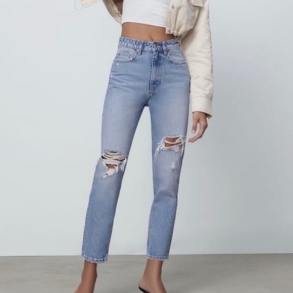 ZARA High Rise Classic Mom Fit Distressed Rigid Denim Medium Wash Cropped Jeans - Picture 1 of 11